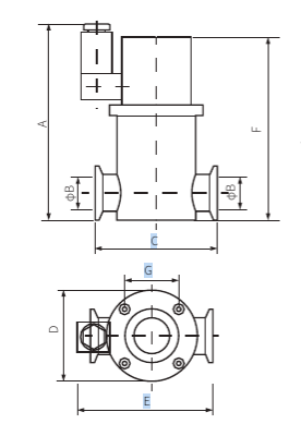 Клапан KF25 пневматический прямой - 90 гр. (нерж. сталь, фторкаучук упл.)